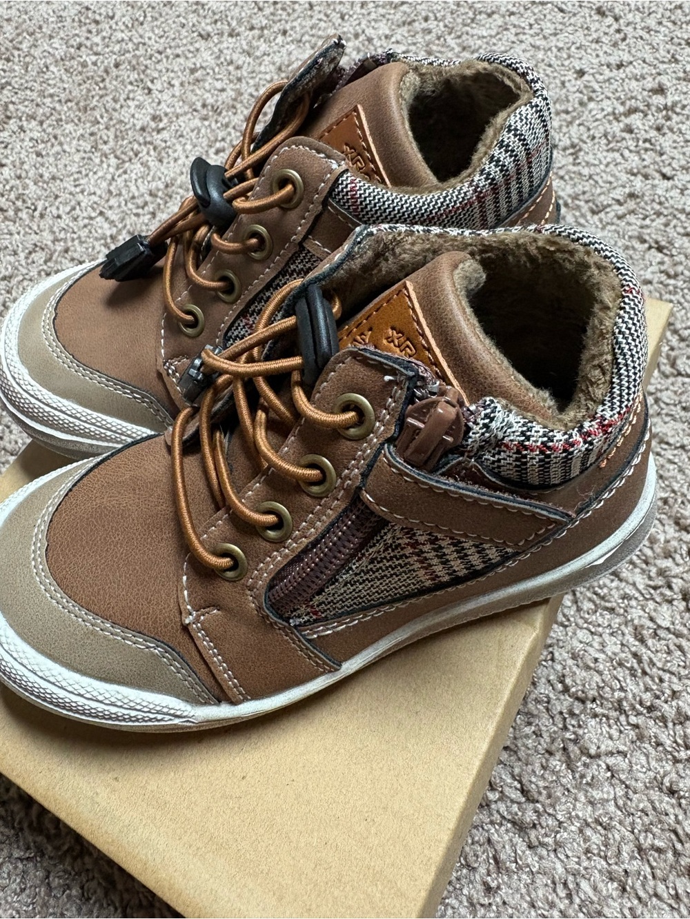 Brown Plaid-Trim Kids Winter Boots with Faux Fur Collar Toddler Size 7
